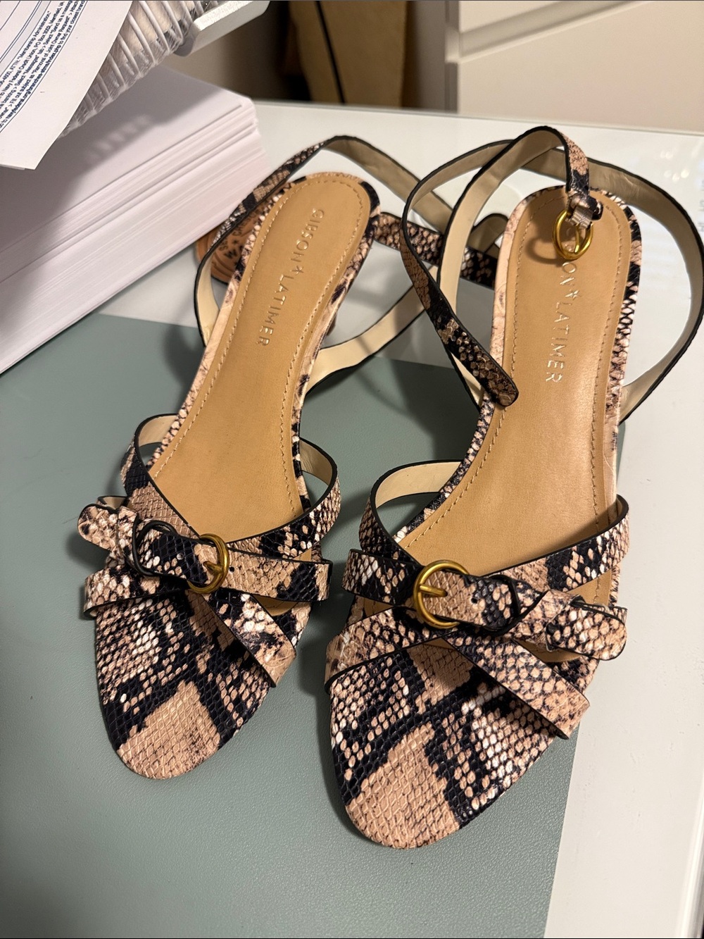 Gibson Latimer Beige and Black Snake-Print Slingback Sandals